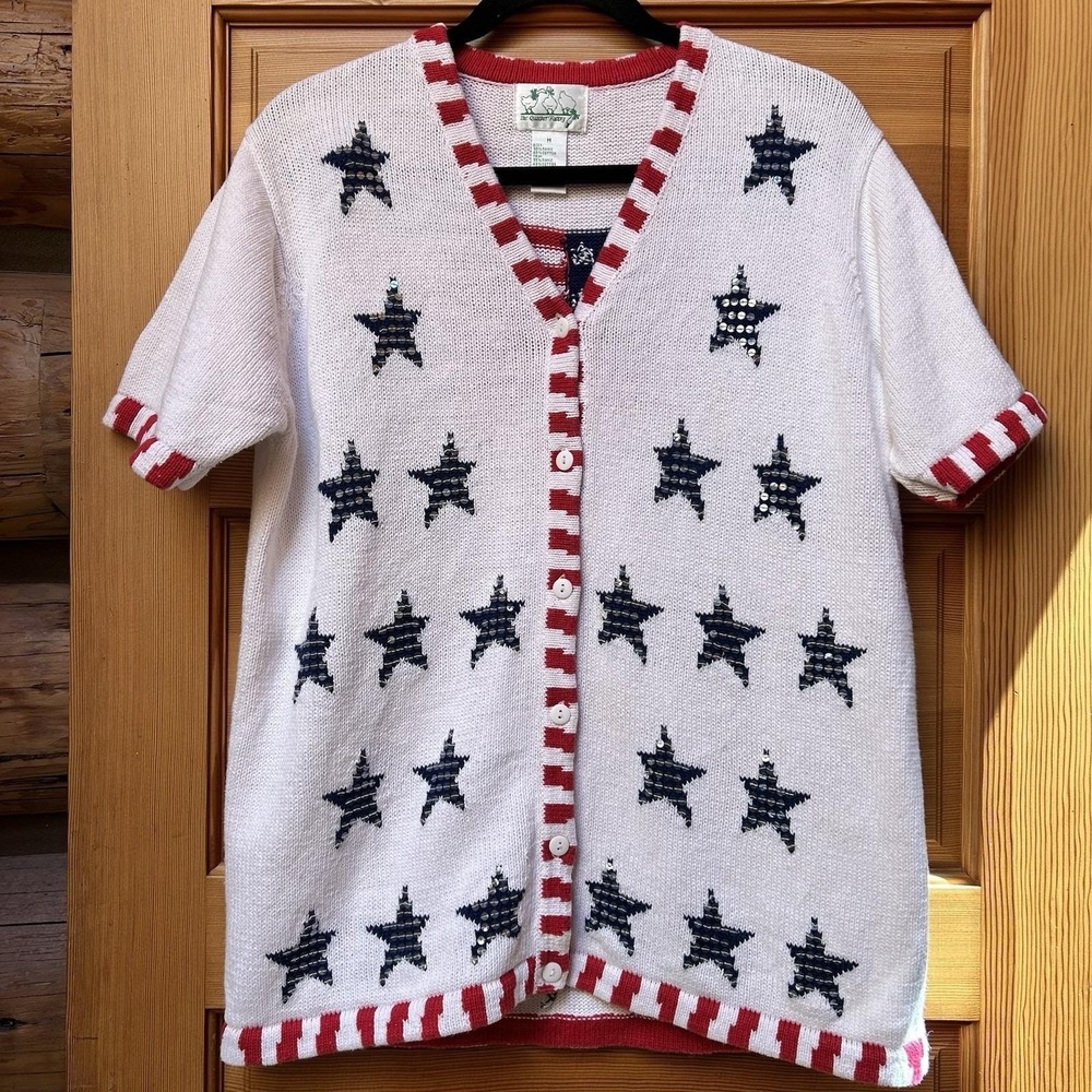 VTG 90s Quacker Factory American Flag Stars Cardigan Sweater Med USA Patriotic